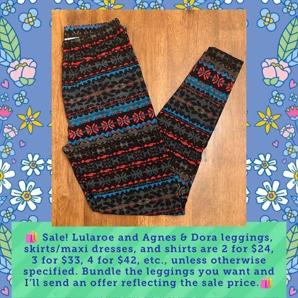 NWOT Agnes & Dora Red, Blue, & Black Pattern Leggings Large - Picture 1 of 5